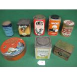 Eight product tins with lids for Knits, Hacks, Bisto, Antelope, Walters Palm Toffee, Nutrix, Mintoes