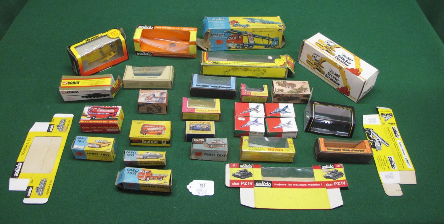 Quantity of EMPTY model vehicle boxes for Solido, NZG, Corgi, Matchbox, Polistil, Lone Star, Budgie,