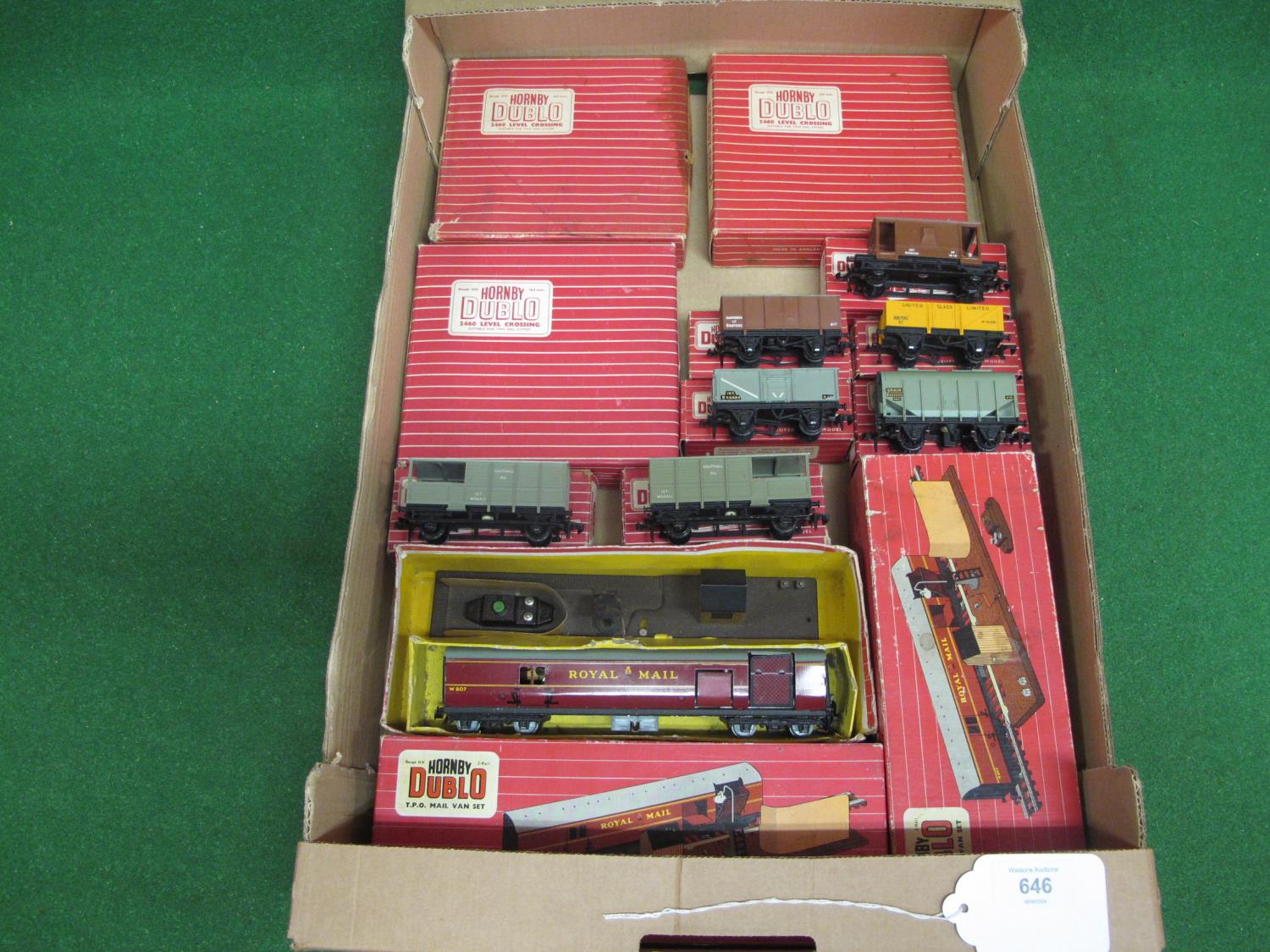 Box of boxed Hornby Dublo 2 Rail items to include: three level crossings, three TPO Mail Van sets,