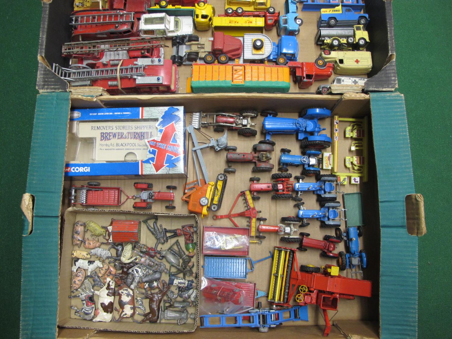 Three boxes of loose and playworn Dinky and Corgi commercials, farm vehicles, fire engines and - Image 2 of 3