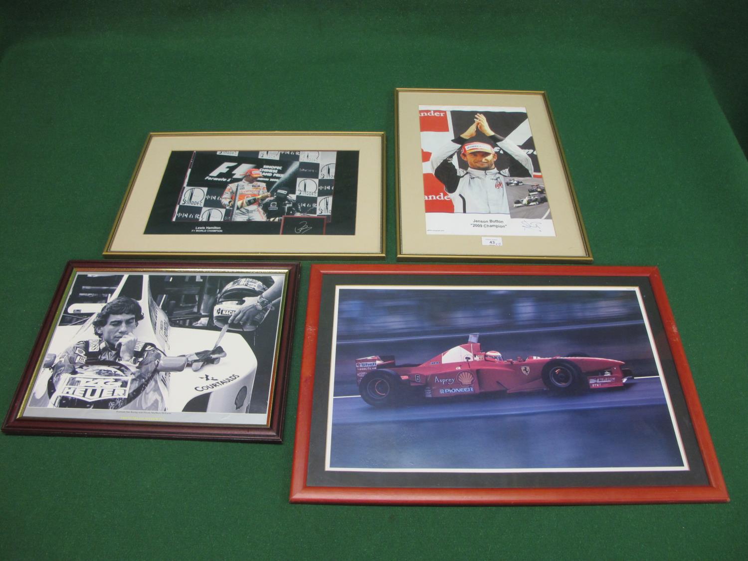 Four motor racing prints to comprise: Lewis Hamilton, Ayrton Senna, Jenson Button (signed) and an F1