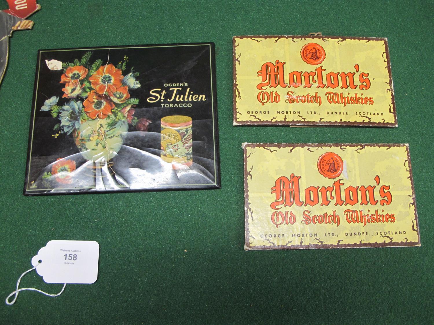 Card stand up for Lucozade, two thick card Morton's Old Scotch Whiskies plaques, a hanging - Image 3 of 3