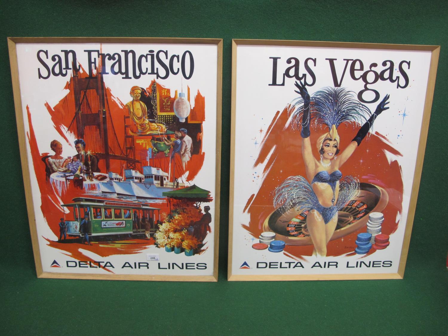 Set of six Delta Air Lines posters featuring colourful montages of Chicago, San Francisco, Las
