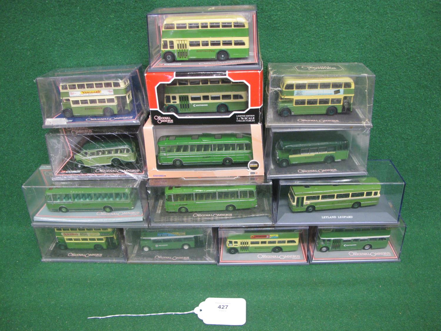 Fourteen Southdown liveried buses and coaches (thirteen Corgi Original Omnibus and one Oxford