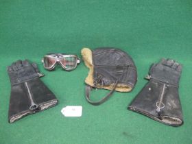 Sheepskin flying helmet, pair of fur lined gauntlet gloves and Climax 510 goggles Please note