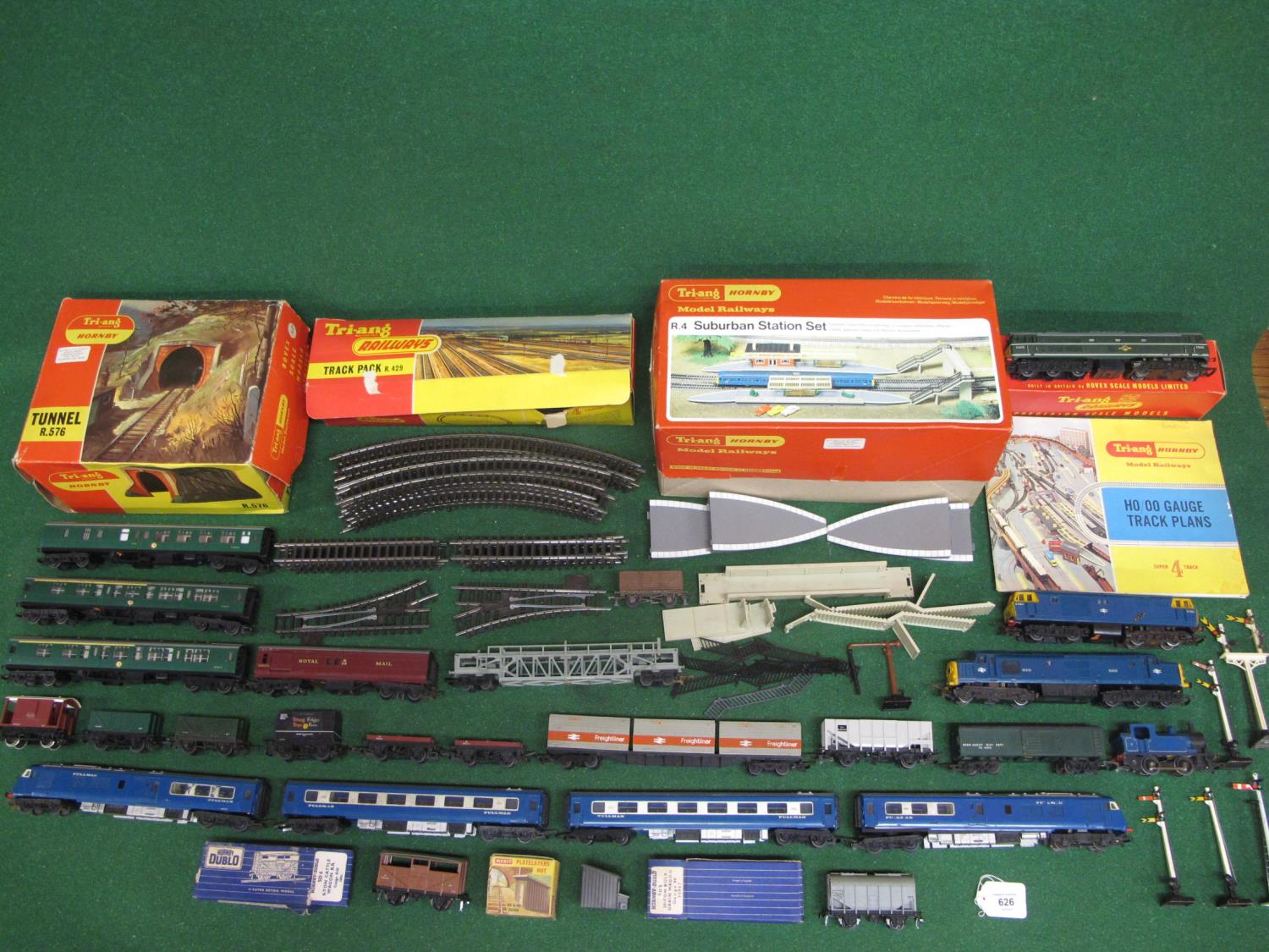 Two boxes of mostly loose playworn Triang/Hornby OO scale items to include: three diesels, a blue