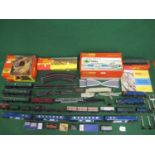 Two boxes of mostly loose playworn Triang/Hornby OO scale items to include: three diesels, a blue