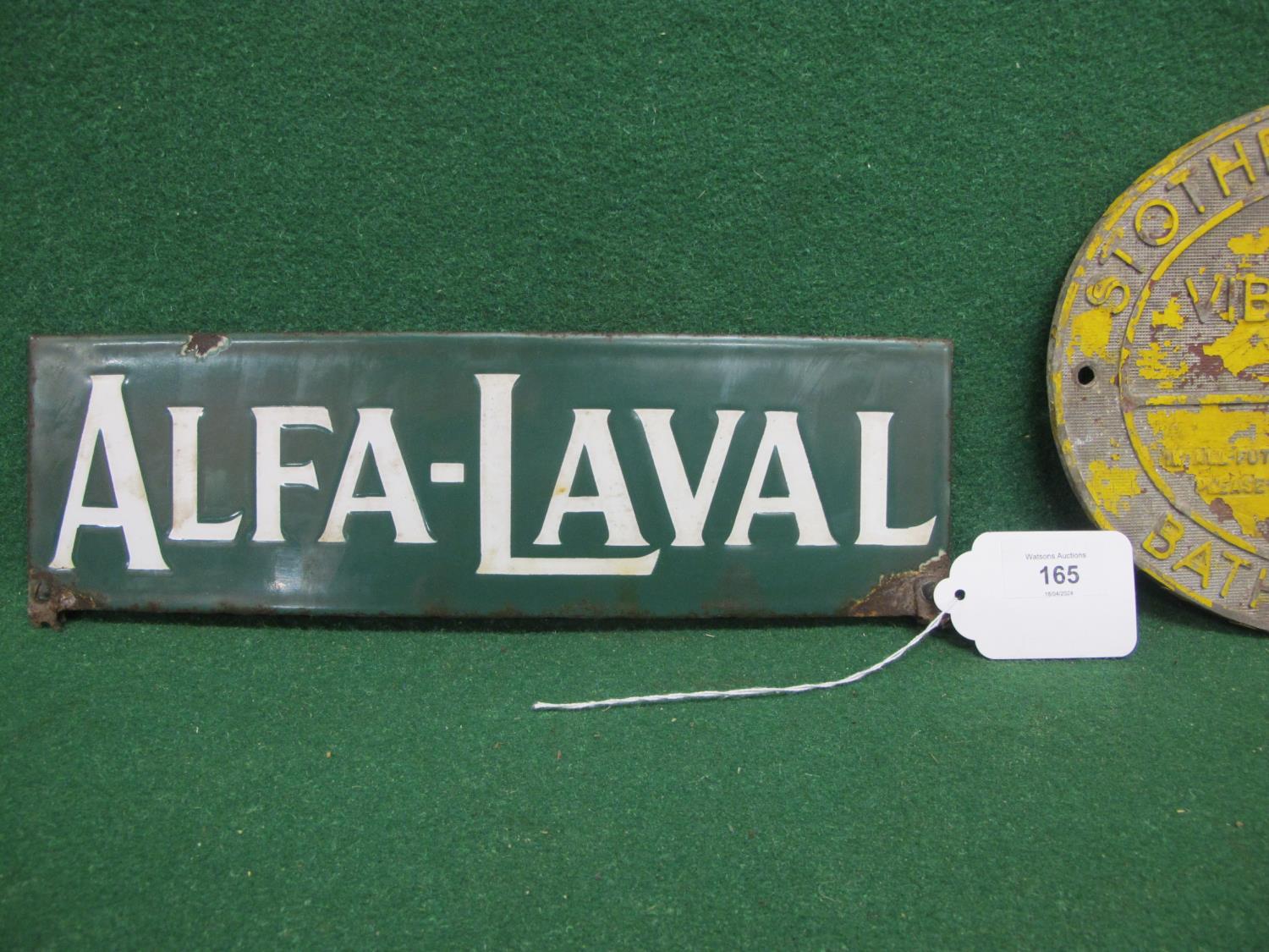Enamel sign for Alfa-Laval, white letters on a dark green ground - 13.5" x 4" together with an - Image 2 of 3