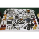 Large quantity of parts from a Volvo 144 to include: head gasket, lamps, badges, lenses, steering