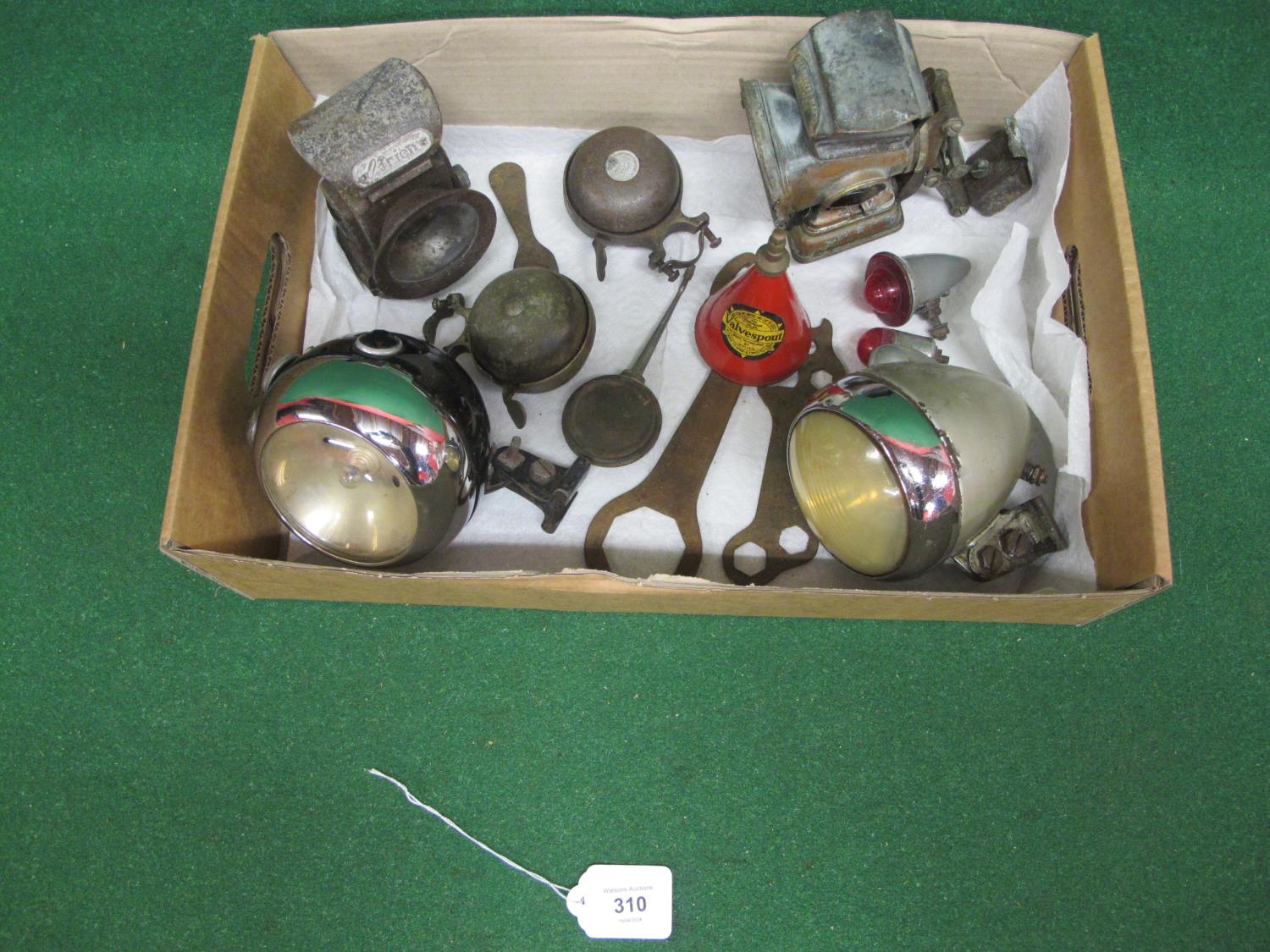 Box of cycle items to include: two Miller headlights, vintage paraffin lamps from Brien and Lucas, - Image 2 of 3