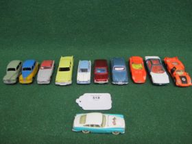 Ten loose 1950's-1970's diecast Dinky cars to comprise: 40D, 138, 142, 152, 167, 179, 189 (