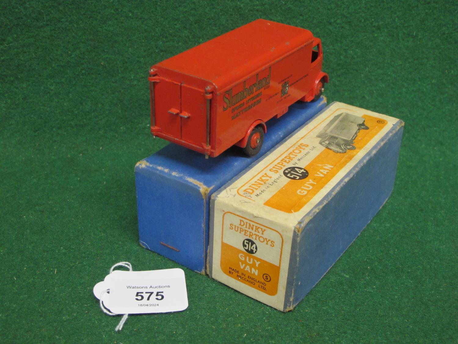 1950-1952 boxed Dinky 514 Guy 1st Type Cab in red Slumberland livery complete with both rear doors - Image 4 of 6