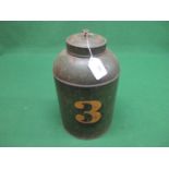 Tole ware tea cannister and lid in green with large shaded gold coloured number 3 - 19" tall x 10.5"