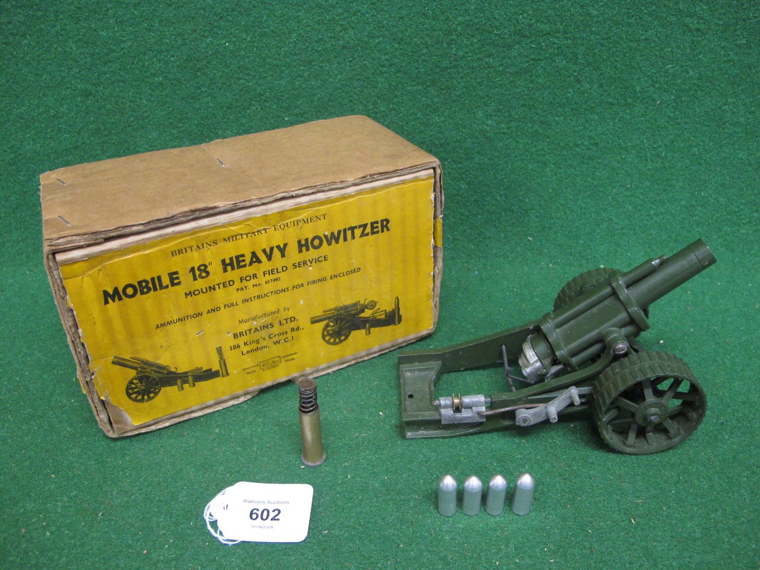 Britains Mobile 18 Heavy Howitzer with sprung cartridge and four metal shells, boxed Please note