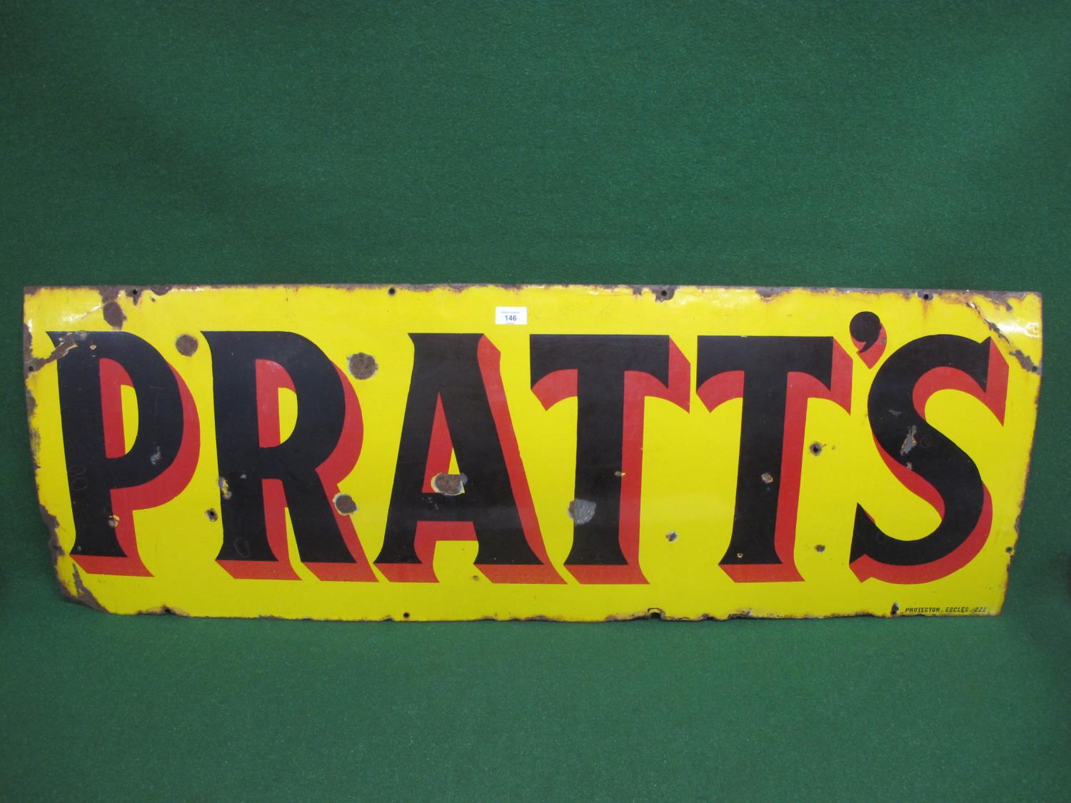 Large enamel advertising sign for Pratt's, red shaded black letters on a yellow ground - 52" x 18"