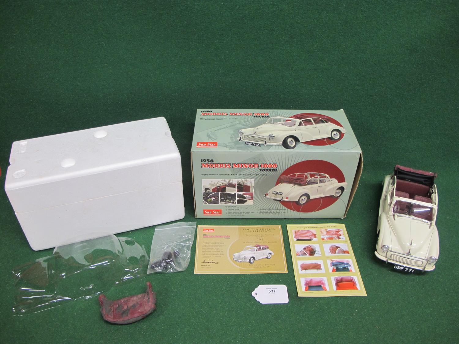 Boxed Sun Star 1:12 scale diecast model of a 1956 Morris Minor 1000 convertible in Old English White