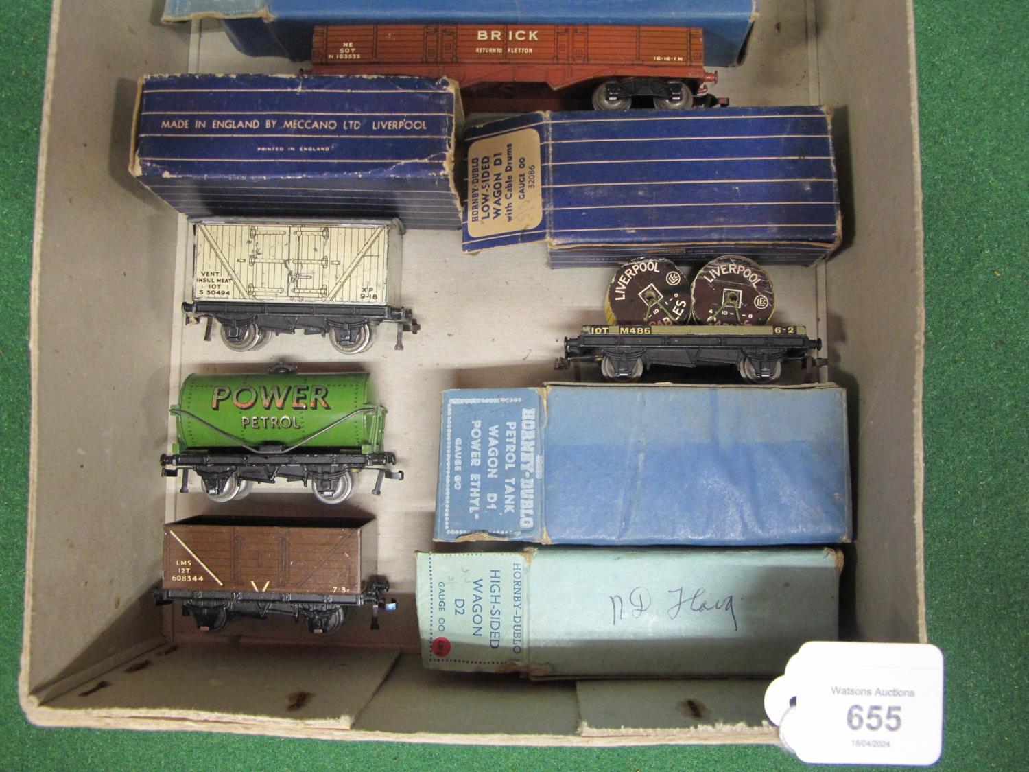 Box of playworn HD 3 Rail wagons and coaches (in rough boxes) including LMS Seven Plank and Power - Image 2 of 3