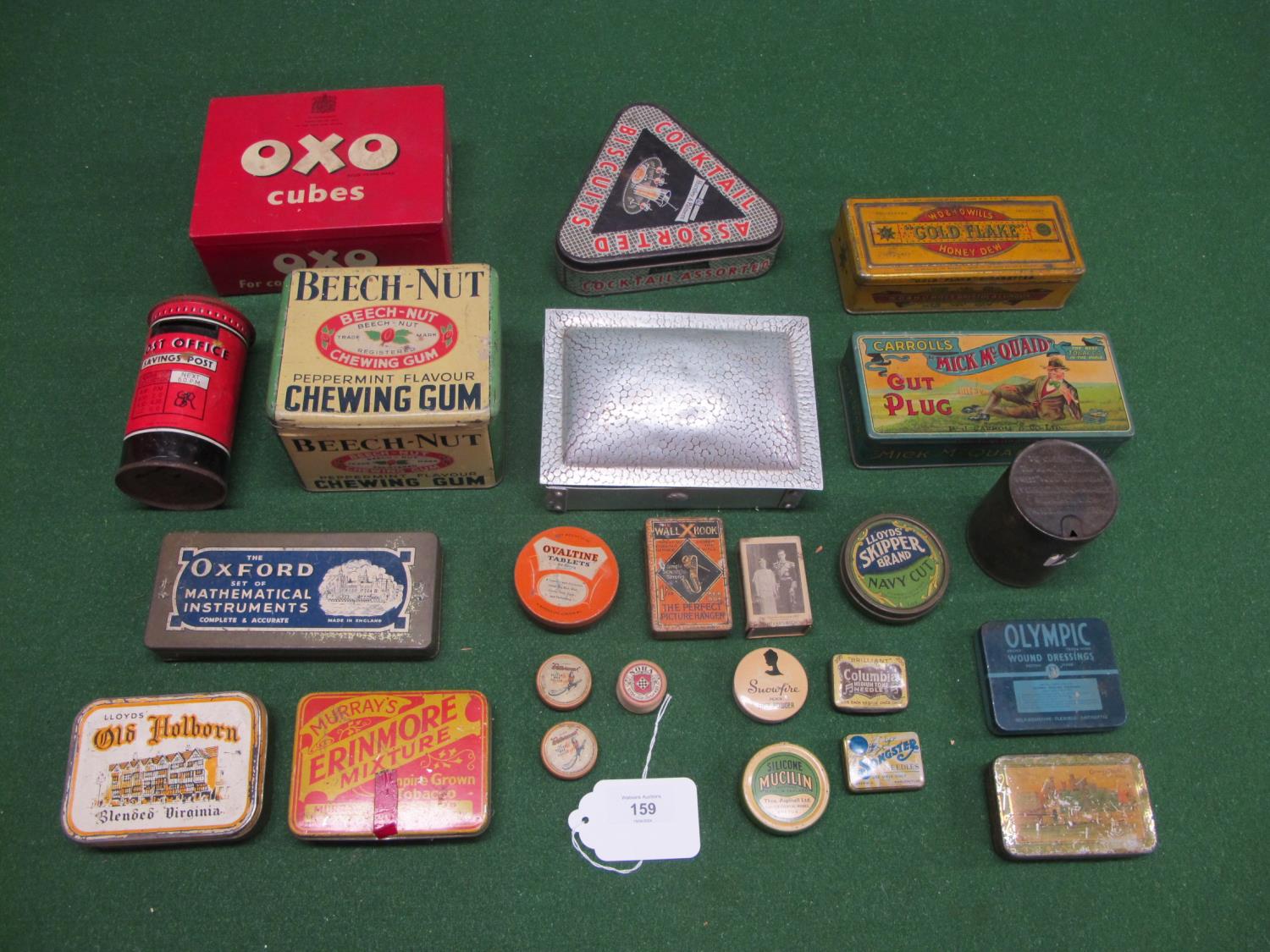 Box of smaller product tins to include: Mick McQuaid Cut Plug Tobacco, Beech Nut Chewing Gum,