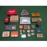 Box of smaller product tins to include: Mick McQuaid Cut Plug Tobacco, Beech Nut Chewing Gum,
