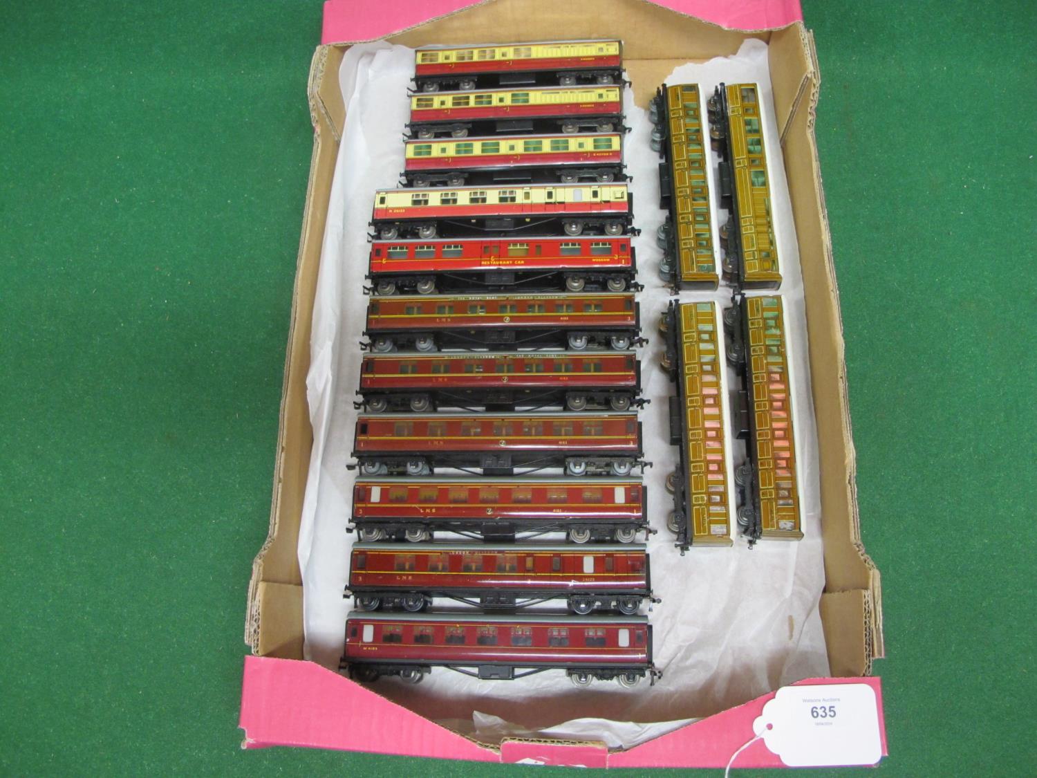 Fifteen Hornby Dublo 3 Rail tinplate coaches for the LMS, BR and LNER (teak), unboxed (in clean