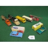 Seven French Dinky diecast vehicles to comprise: 32D Delahaye Fire Escape, 39B Unic, 36A Log