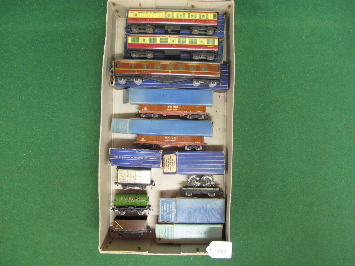 Box of playworn HD 3 Rail wagons and coaches (in rough boxes) including LMS Seven Plank and Power