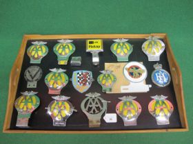 Sixteen car badges to include: BARC, Vintage Sports Car Club, RAC, an American Honourable