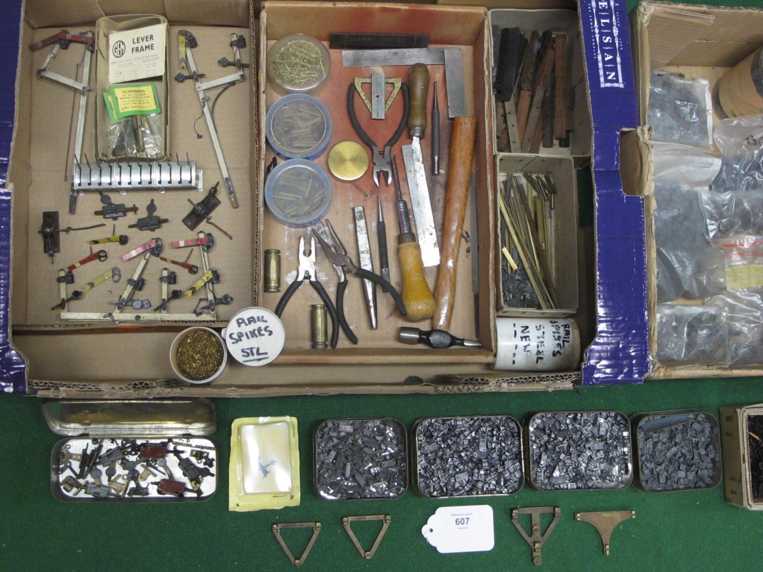 Two boxes of O gauge track laying parts and tools to include: large quantity of cast and sprung - Image 3 of 3