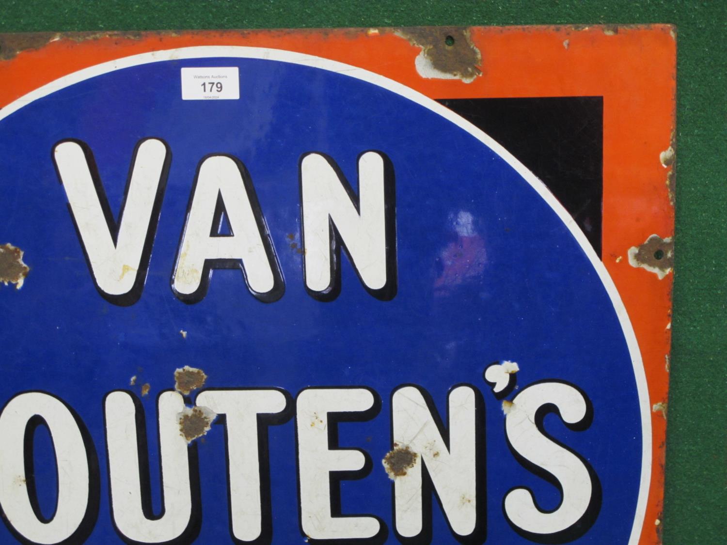 Enamel advertising sign for Van Houten's Cocoa, black shaded white letters in a blue circle with - Image 2 of 3