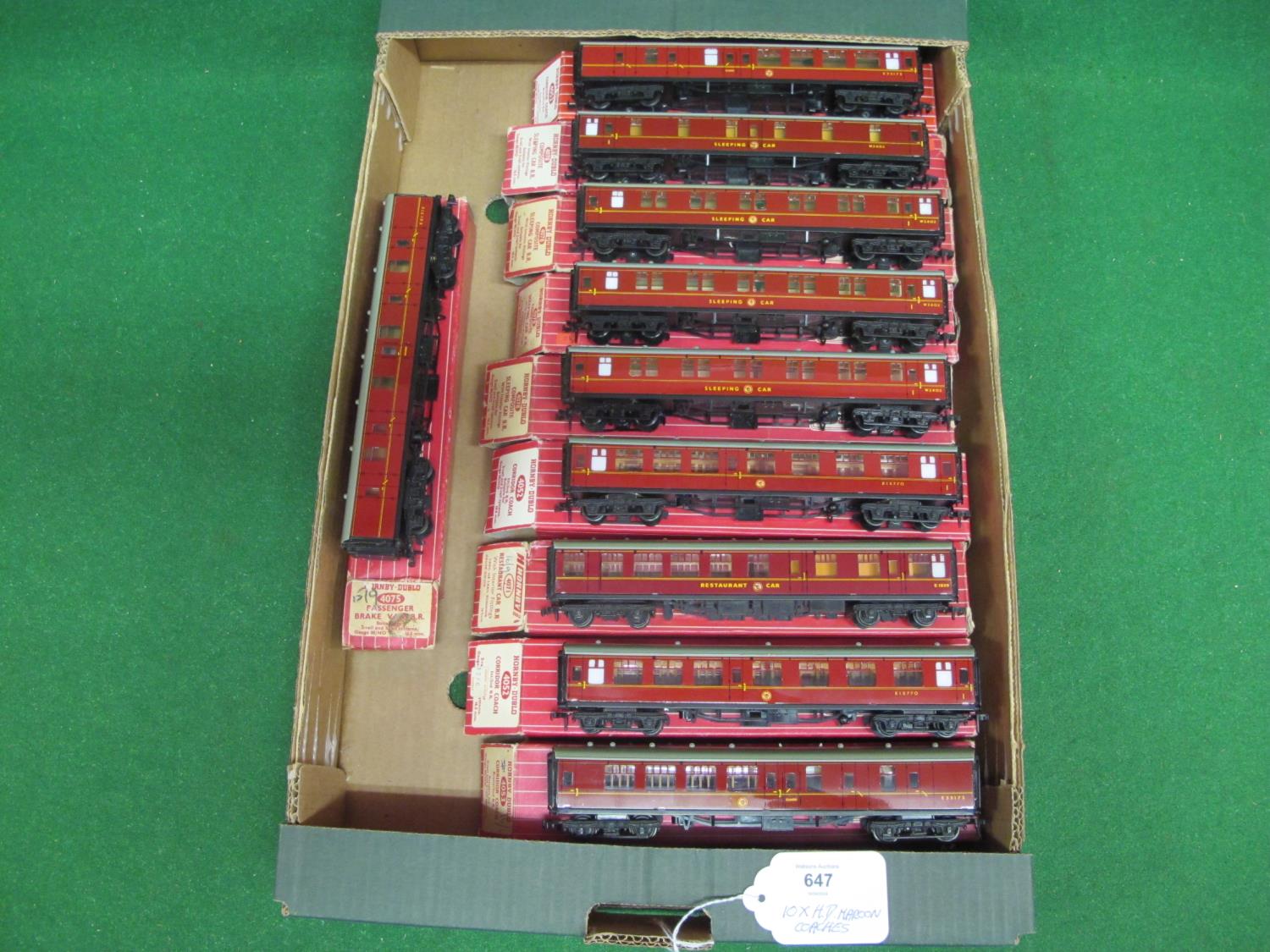 Ten 1961-1964 Hornby Dublo 2 Rail BR MkII maroon coaches comprising: two 4052, two 4053, one 4071 (