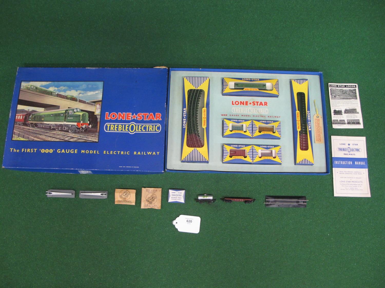 1960-1965 Lone Star Treble-O-Lectric boxed EL.50 Goods set containing: D5000 diesel, Box van, open