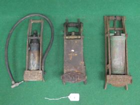 Three old foot pumps embossed Nesthill Jupiter, Dunlop Minor and WD with an arrow (for renovation)