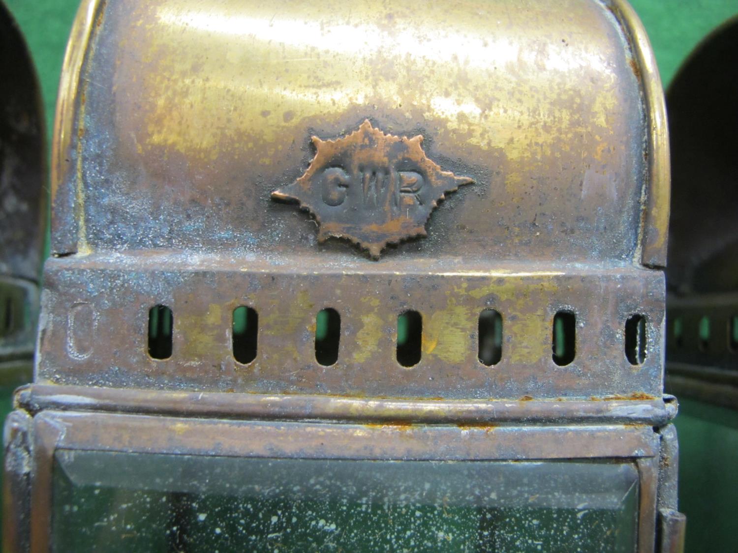 Five square brass lanterns with bevelled glass, paraffin burners and top handles, stamped GWR on - Image 3 of 3