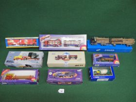 Nine boxed commercial vehicle models from Siku, Corgi, Tematoys and Conrad (Volvo lumber lorry