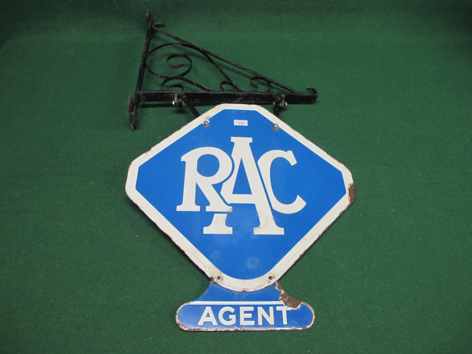 1930's double sided diamond shaped blue and white RAC Agent enamel sign with an attached wall