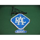 1930's double sided diamond shaped blue and white RAC Agent enamel sign with an attached wall