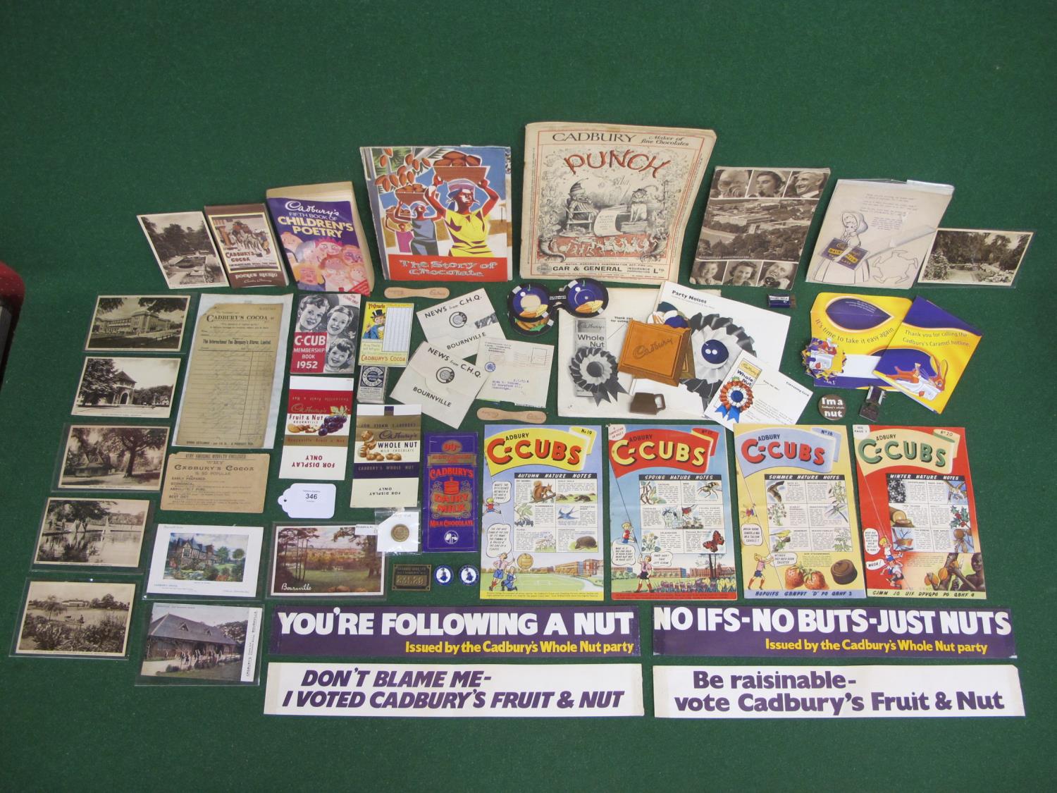 Quantity of Cadbury ephemera, Bournville postcards, Coco-Cubs booklets and badges, Fruit & Nut party