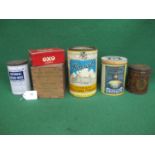 Five product tins with lids for Quaker Corn Meal, Harrods Georgian Custard Powder, Oxo, National