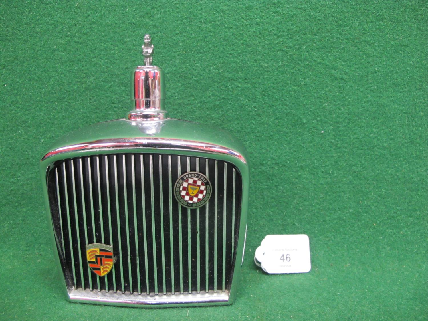 Chrome and plastic radiator themed drinks flask with Leaping Jaguar topped stopper, Made In