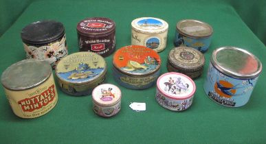 Eleven round product tins with lids to include: Boy Blue Macaroon Toffee, Nuttall's Mintoes,