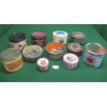 Eleven round product tins with lids to include: Boy Blue Macaroon Toffee, Nuttall's Mintoes,