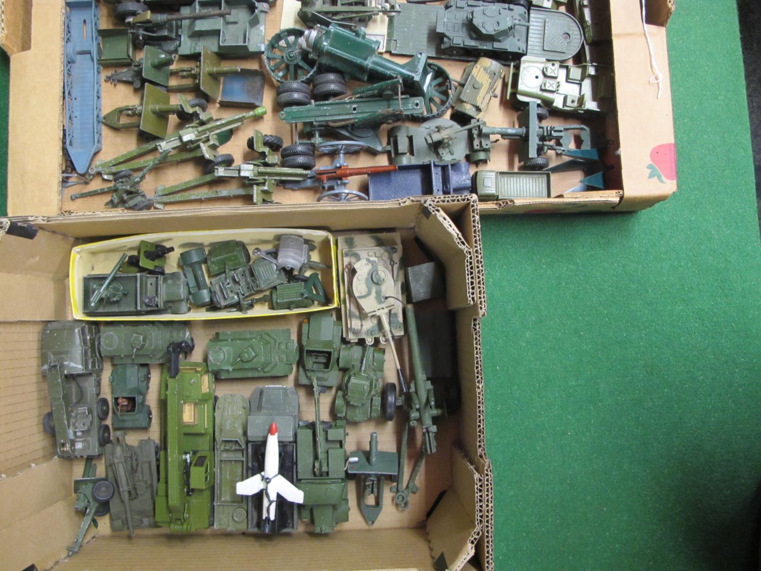 Three boxes of loose playworn diecast military vehicles and guns from Dinky, Corgi and Britains - Image 2 of 3