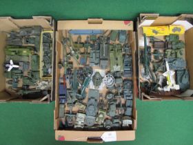 Three boxes of loose playworn diecast military vehicles and guns from Dinky, Corgi and Britains