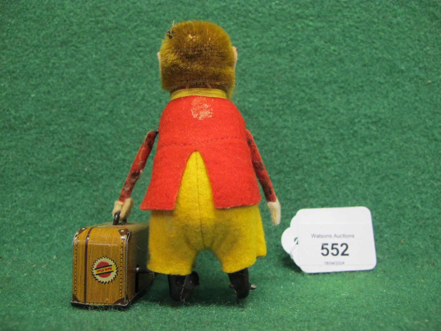 German Schuco clockwork tinplate velvet and mohair monkey with suitcase (in working order but hat - Image 3 of 3