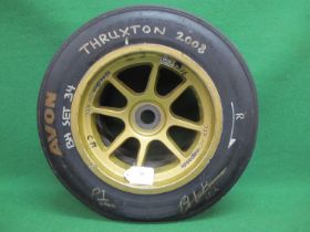 Used racing car wheel and tyre (Avon 250/57 OR13) marked in white for Thruxton 2008 and signed - 22"