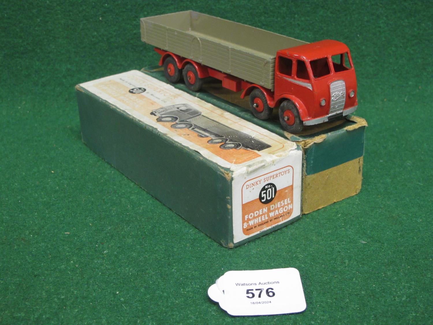 1947-1948 boxed Dinky 501 Foden eight wheel wagon with 1st Type Cab, spare wheel and hook, in red