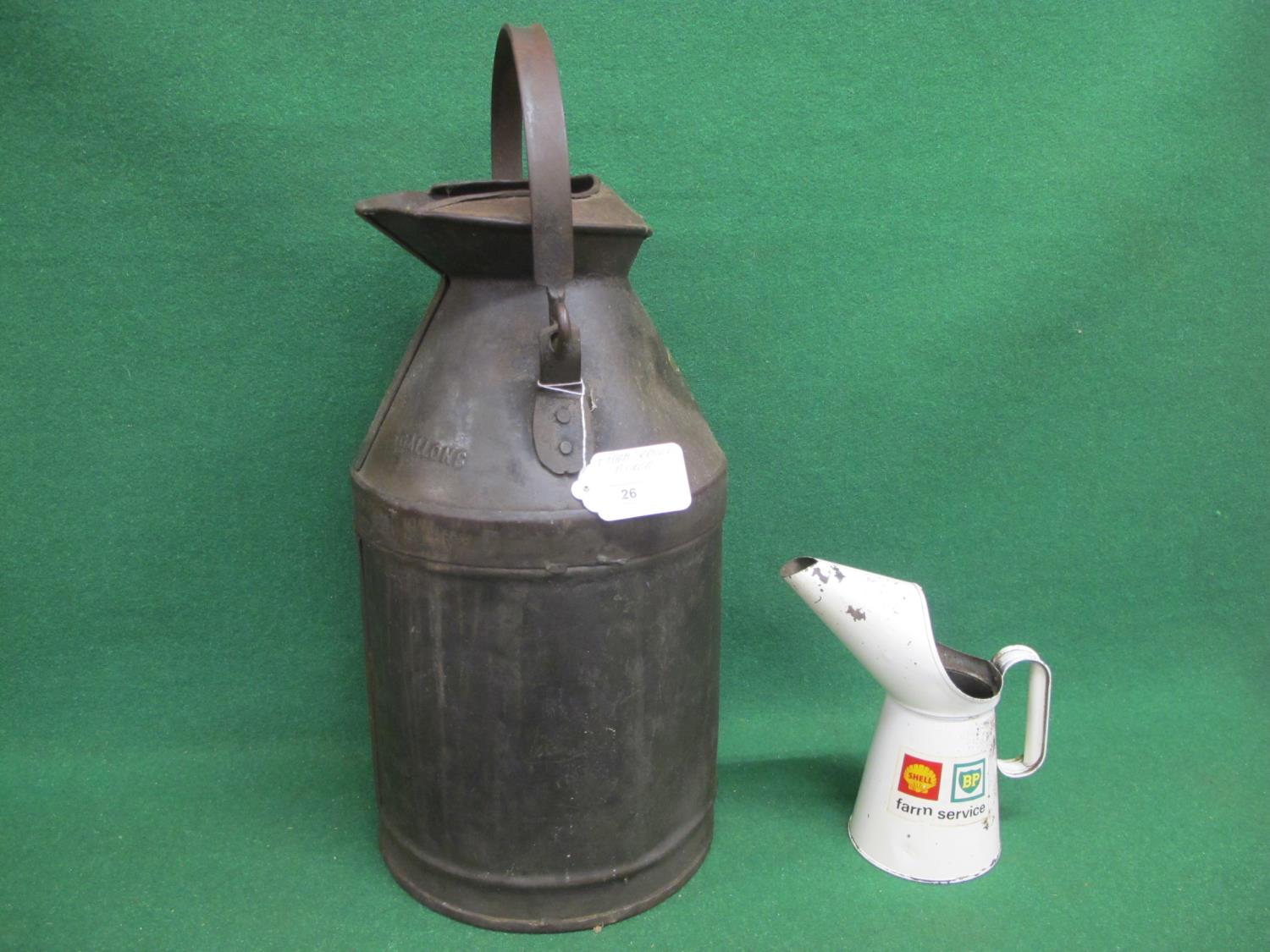 Large five gallon open topped pouring can with substantial iron handle, brass plate inscribed