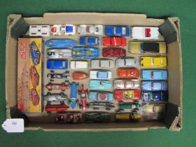 Box of approx forty loose and playworn, Corgi and Dinky cars, racing cars, UNCLE Oldsmobile and a