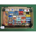 Box of approx forty loose and playworn, Corgi and Dinky cars, racing cars, UNCLE Oldsmobile and a