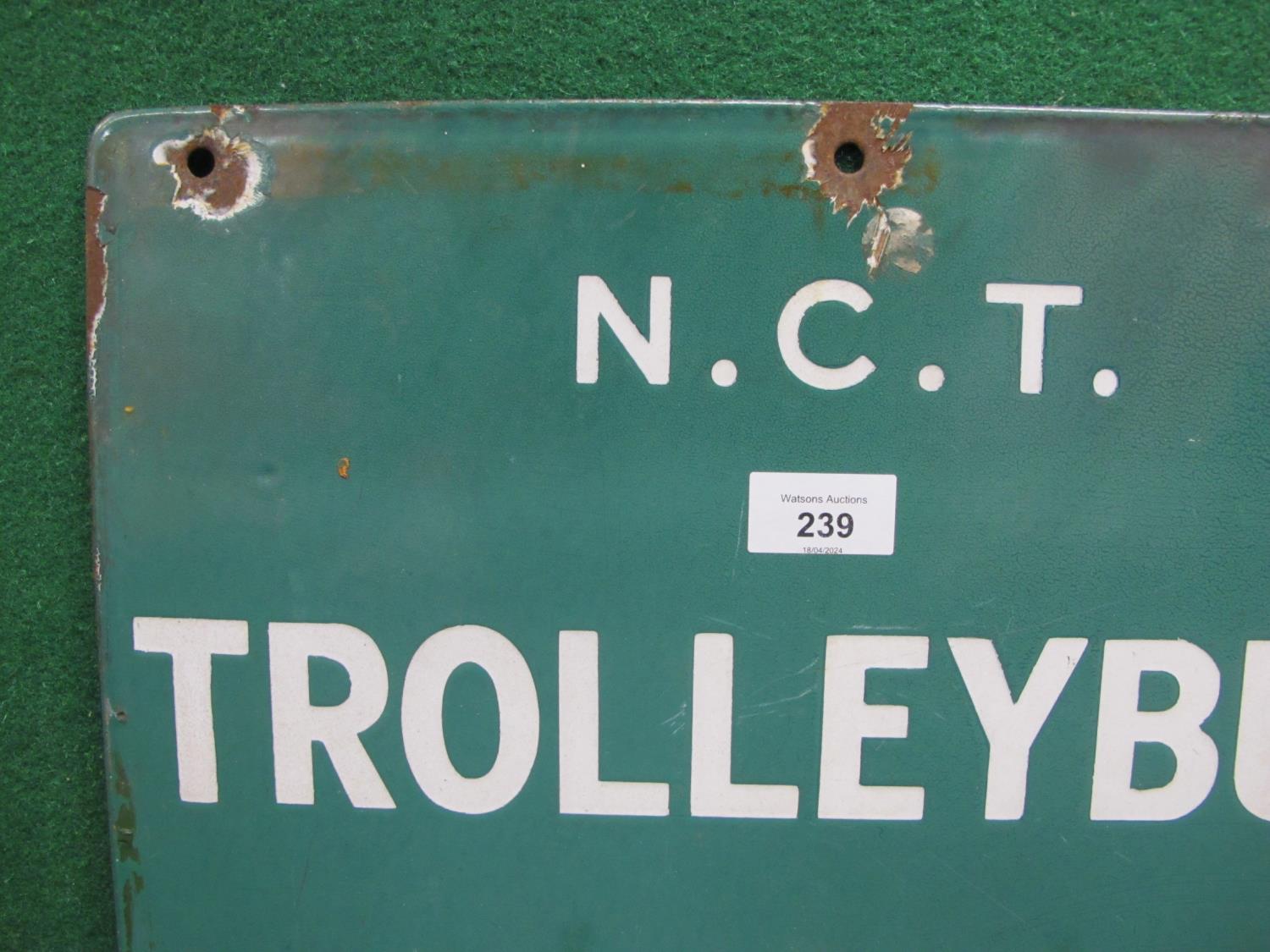 Double sided enamel Nottingham City Transport Trolleybus Stop sign, white letters on a mid green - Image 2 of 3